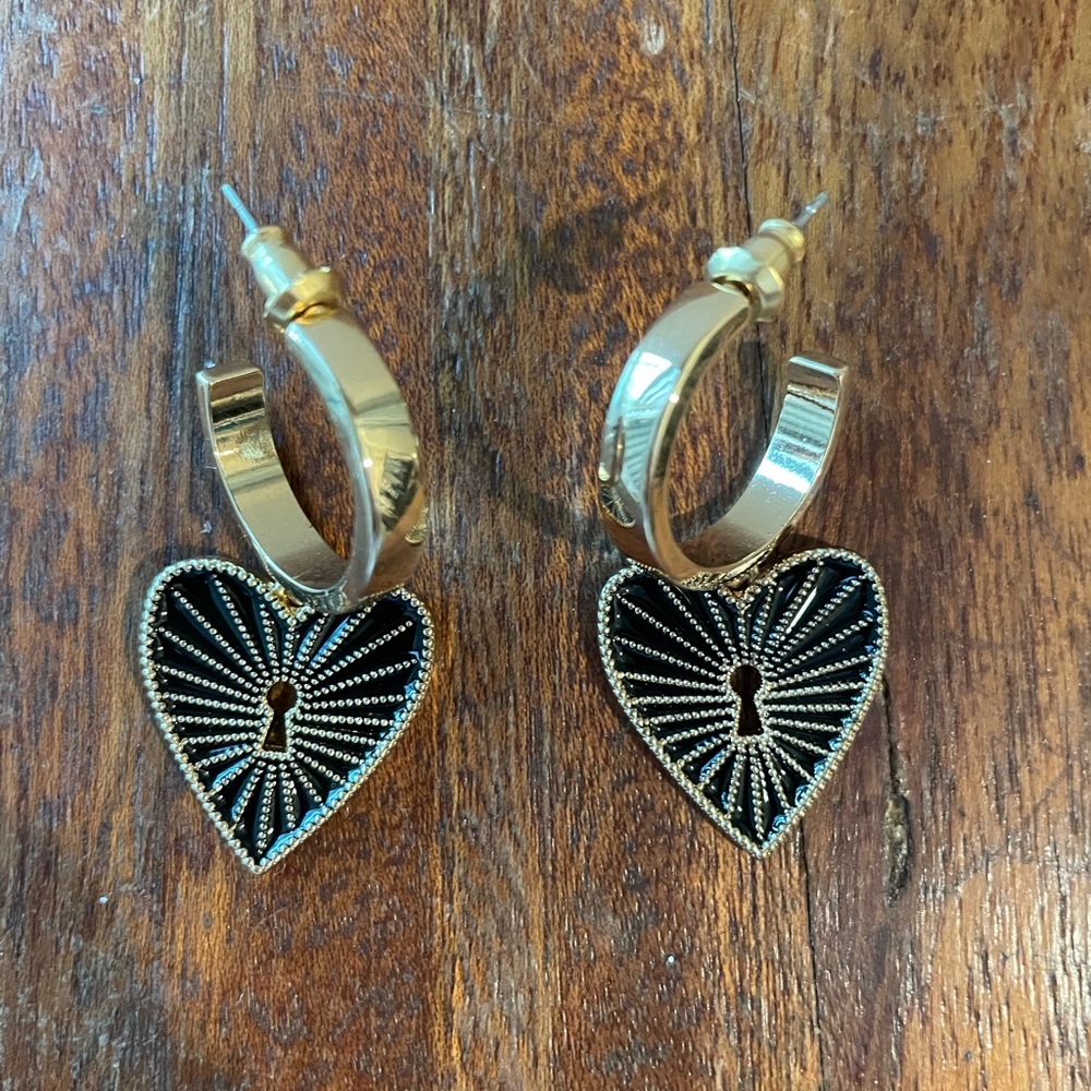Gold hoop earrings dangly heart lock